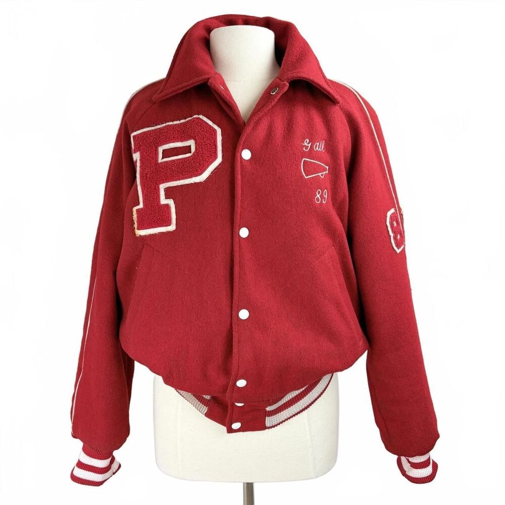 1989 Red Wool High School Cheer Varsity Letter Jacket Costume Med